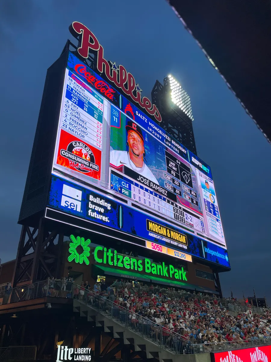 Carlos' Consuming Fire logo on the jumbotron at Citizens Bank Park