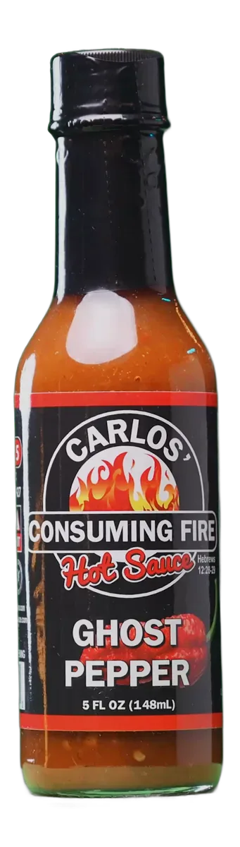 Ghost Pepper Hot Sauce bottle, three-quarter turntable view